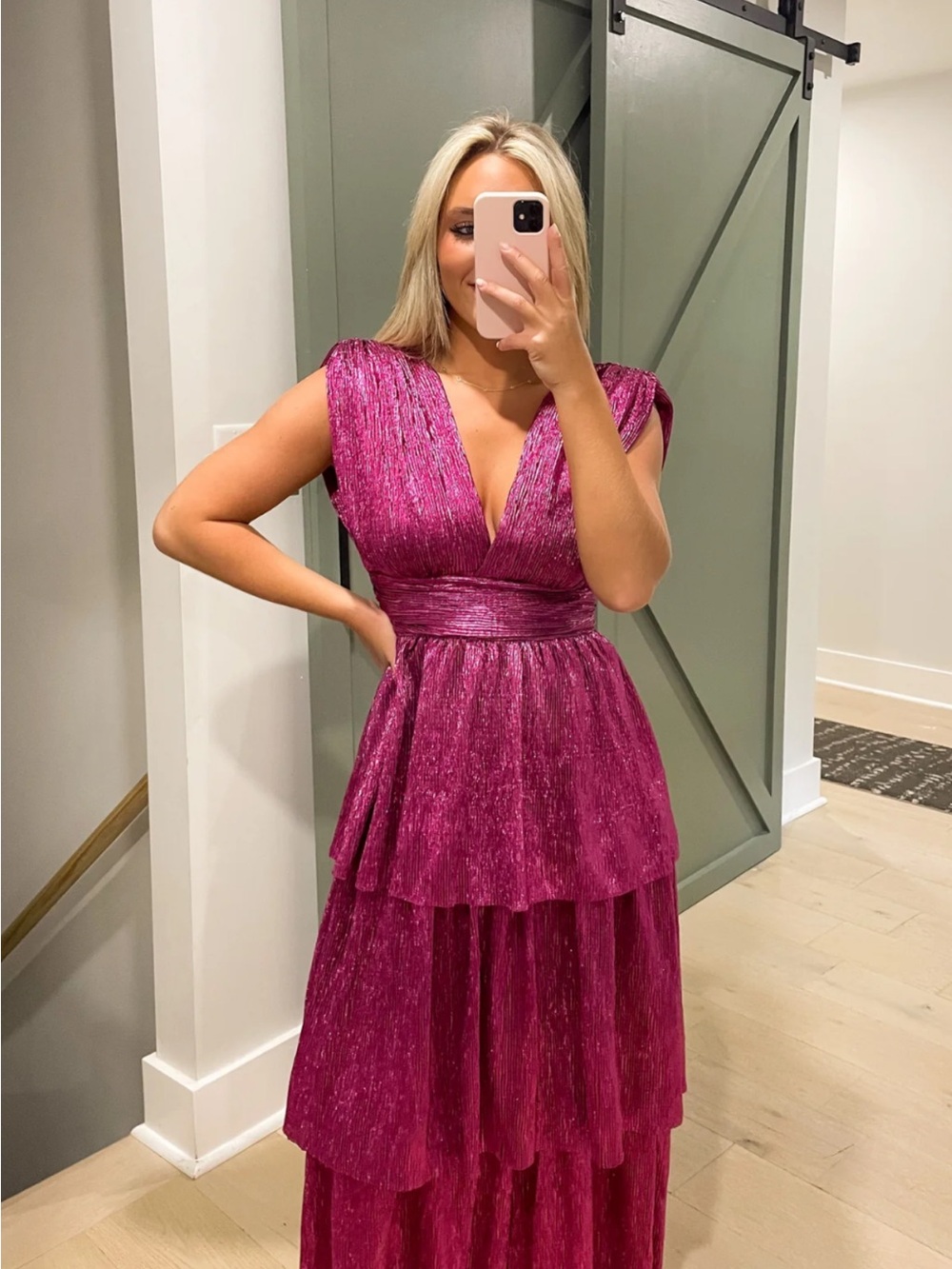 Fuchsia Layered V-Neck Prom Dress